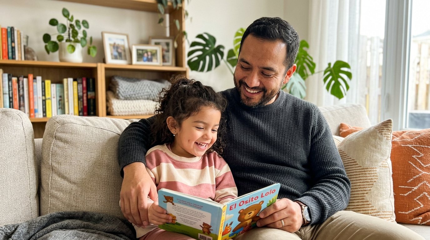 Padre e hija leyendo juntos en casa